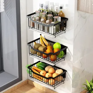 Wandmontiertes Obst- und Gemüseregal, Metalldraht-Aufbewahrungskörbe, für die Aufbewahrung von Obst und Gemüse in der Küche und Snacks auf der Theke, stapelbarer Obst-Gemüse-Ständer aus Edelstahl, 2