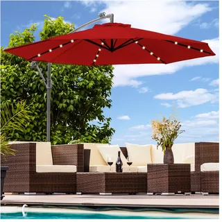 Luxus Sonnenschirm mit LED Beleuchtung Ampelschirm 300cm Solar Garten Schirm Pavillon in Rot