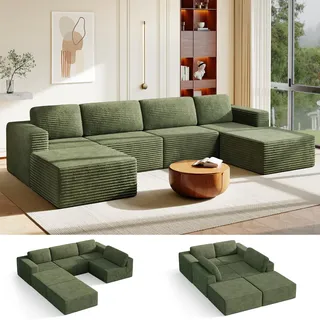Vesgantti Modulares Cord-Ecksofa in Grün, 404 cm U-Form mit beweglicher Ottomane, Federkern und extra tiefer Sitzfläche, Flexibles 4-Sitzer Design für große Wohnzimmer, kein Aufbau nötig