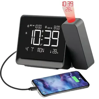 Toomoke Projektionswecker Bluetooth Digital Wecker,Elektronische Uhr,Nachtlicht,Digitaluhr mit Temperaturanzeige,Datum und Wochentag,180° drehbarem Projektor schwarz