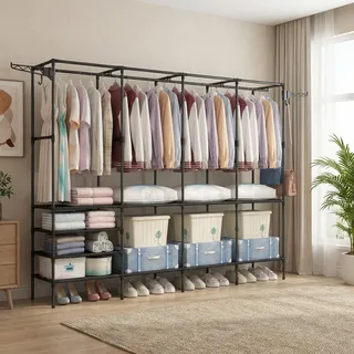 Kleiderständer 4 Ebenen, Offener Kleiderschrank mit Kleiderstange und Ablagen, Freistehender Kleiderschrank aus Metall, Garderobenständer für Schlafzimmer, Wohnzimmer und Eingangsbereich, Schwarz
