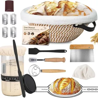 gliese 10-teilig Gärkorb Brot Set, 23 cm Gärkorb rund und Komplettset Backzubehör, Gärkörbchen für Brot brot backen Einsteigerset für Anfänger