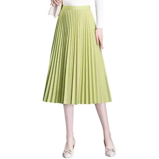 Camilife Damen Mädchen Plisseerock Midirock Damenrock in Mittlere Länge Silberfaser-Stricktuch Faltenrock Elastischer Bund für Frühling Herbst Rocklänge 75cm - Einfarbig Gelbgrün - XS-M