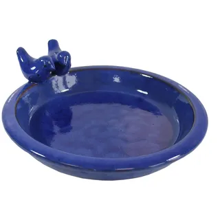 colourliving | Vogeltränke Winterfest rund 30 cm | Noble Keramik glasiert | Vogelbad mit 2 Deko Vögel | Vobelbecken Garten (blau)
