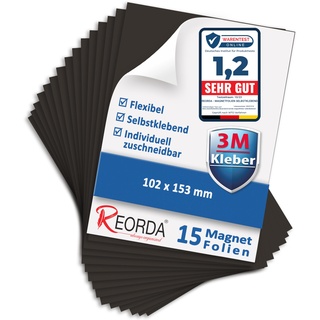 Reorda Magnetfolie selbstklebend 15er Set - Magnetpapier mit starkem 3M-Kleber - Magnetplatte zuschneidbar für Kühlschrank, Tafeln & Poster - Magnetische Folie selbstklebend für's Basteln