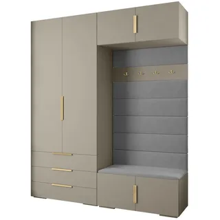 Abiks Möbel Garderoben-Set, Kaschmir, Grau, Gold, Holz, Nachbildung, 2-Sitzer, 8 Fächer, 200x236.7x47 cm, Garderobe, Garderoben-Sets & Serien, Garderoben-Sets
