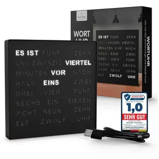 Bada Bing Uhr LED Wortuhr Tischuhr Wanduhr Uhr mit USB Kabel (Matt Schwarz) schwarz