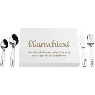 LAUBLUST Kinderbesteck mit Namensgravur - Wunschtext Gravur & Geschenkbox weiß | Besteck mit Namen - Geschenk zur Taufe für Kinder - Taufgeschenke für Jungen & Mädchen | Personalisierte Erinnerungsbox