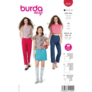 burda easy Schnittmuster Damen #5727 bauchfreies Top, Blusenshirt mit Druckknopfleiste und Sommershirt mit Flügelärmel Gr. 34-44