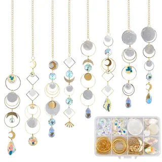 SUNNYCLUE 1 Box DIY 8 Sets Sonnenfänger DIY Kits Regenbogen Maker Sonnenfänger Zum Aufhängen Goldmond Sommer Capiz Muschel Buntes Glas Kristall Regenbogen Maker Sonnenfänger Für Fenster Innen Und Auß