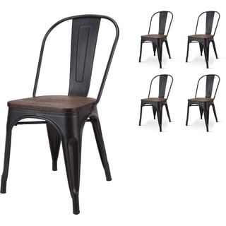 Kosmi - Lot von 4 Stühlen aus mattschwarzem Metall mit Sitz aus dunklem Massivholz für die Dekoration im Industriestil