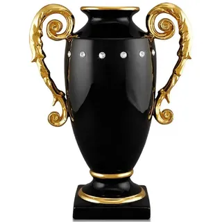 Casa Padrino Barock Vase Schwarz / Gold 28 x 18 x H. 36 cm - Prunkvolle handgefertigte & handbemalte Keramik Blumenvase mit Swarovski Kristallglas