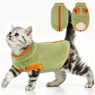 OUOBOB Katzen Winterweste mit Reißverschluss Grün S | Warmes Fleece-Innenfutter für Nacktkatzen, ärmellos für volle Bewegungsfreiheit, passend für Sphynx & Devon Rex