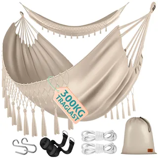 Kesser KESSER® Hängematte 320x150 cm belastbar bis 300 kg, wetterfeste & atmungsaktive Tuchhängematte mit Fransen für 1-2 Personen – Ideal für Camping, Garten & Outdoor, inkl. Beutel, Seile & Gurte
