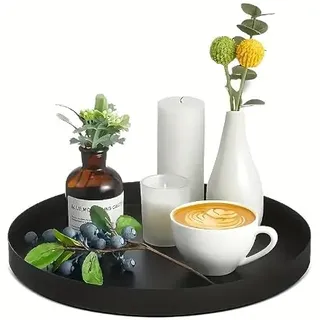 Tablett schwarz Rund Schwarz Matt - 2 Stück Deko Tablett Rund Ø 20 cm und Ø 25 cm Rundes tabletts Metall Anti Rutsch Dekoteller für Vasen Kosmetik Dessert Kerzen,Kerzen Serviertablett für Café Bar
