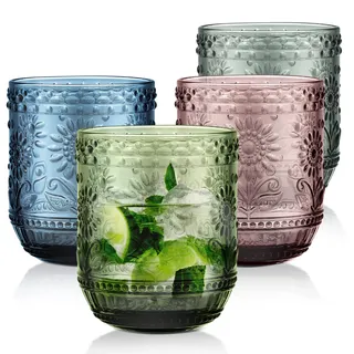 Joeyan Trinkgläser Set Bunte, 4 teiliges 360ml Gläser Set für 4 Personen | Hochwertige Farbig Wassergläser Spülmaschinenfest, Saftgläser, Modernes Blume Embossed Design für Picknicks, Camping, Partys