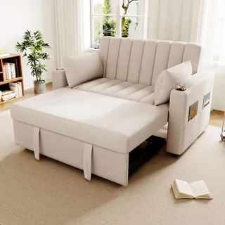 Merax Schlafsofa 2-Sitzer Sofa mit Schlaffunktion, Klappbares 3-in-1 Schlafcouch mit Verstellbarer Rückenlehne, 2 Getränkehalter und Armlehnentaschen, aus Samt, Beige 136 x 75.5 x 84cm