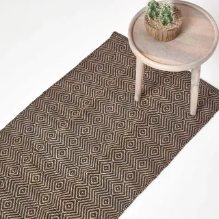 Homescapes Naturfaser-Teppichläufer, 66 x 200 cm, 100% Jute-Küchenläufer, mit geometrischem Rautenmuster, schwarz-beige