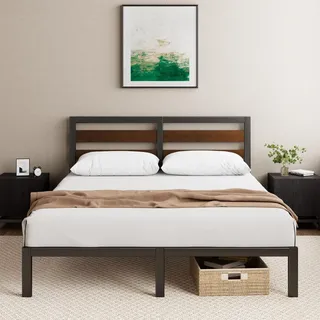 Bett 140x200 cm mit Kopfteil – Bambus & Metall – Lattenrost – Schwarz/Braun - Schwarz/Braun