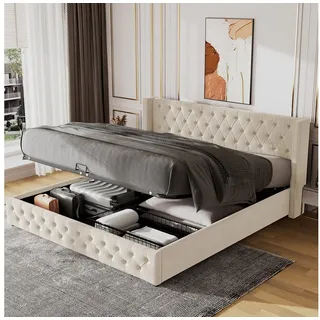 Odikalo Stauraumbett Polsterbett Funktionsbett Nieten Flanell 140-180x200 Grau Beige beige 160 cm x 200 cm