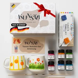 kunstli 2 DIY Tassen bemalen Set Keramik Mug Painting set – Malset Farben, Pinseln & Becher – Kreative Geschenkidee Kinder, Familie & Freunde – Tassen bemalen Geschenk (Weihnachten & Geburtstage)