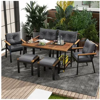 Merax Gartenlounge-Set aus Akazienholz und verzinktem Eisen, (2 Stühle, 2 Hocker, 1 2-Sitzer-Sofa, 1 Tisch,1 Servierwagen, 7-tlg., wetterfest Gartenlounge-Set Gartensitzgruppe), Gartenmöbel-Set Essgruppe mit Sesseln, Hocker, Tisch & Servierwagen grau