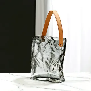 Originelle Glasvase In Form Einer Handtasche – Handgefertigt – Größe S, Grau – Durchmesser 13 Cm