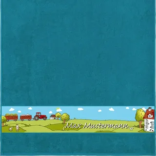 Manutextur Duschtuch mit Namen - Motiv Kinder - Bauernhof - viele Farben & Motive - personalisiert - Petrol - Größe 70x140 cm - persönliches Geschenk