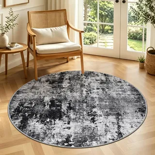 Capslpad Abstrakt Teppich Rund 120cm Moderner rutschfest Teppiche Wohnzimmer Runder Hochflor Waschbar Rund Teppiche Kurzflor Weich Runder Teppich Schwarz for Wohnzimmer Schlafzimmer Studie Heimbüro