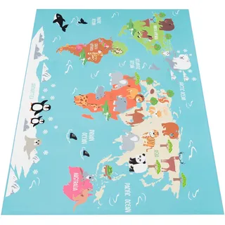 Paco Home Kinderteppich, Für Kinderzimmer, Spiel-teppich, Weltkarte Mit Tieren, In Türkis, 80x150 cm
