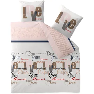 CelinaTex Touchme Biber Bettwäsche 200 x 220 cm 3teilig Baumwolle Bettbezug, Set, Bettgarnitur für Sommer und Winter, ganzjährig, pflegeleicht, Jana Wörter Streifen weiß rosa braun
