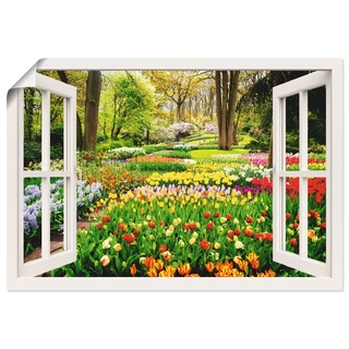 ARTland Poster Kunstdruck 100x70 cm + weitere Größen Bild ohne Rahmen Querformat Fensterblick Landschaftsbilder Tulpen Garten U1OS
