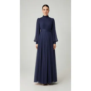 fashionshowcase Tüllkleid Damen Abendkleid Maxilänge Abaya-Stil - Modest Mode vollständig blickdicht & bedeckt blau 40(EU 38)