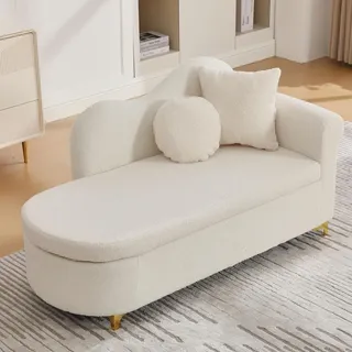 Merax Chaiselongue mit Stauraum und Massivholzrahmen, Liegesessel Schlafsessel mit Teddyplüsch, Relaxliege mit Wellen-Rückenlehne und 2 Kissen, W... - Weiß