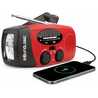Soundlogic Notfallradio Solar | Kurbelradiof mit Powerbank & LED Taschenlampe | AM/FM Radio | USB-C | SOS Alarm | Notfallset bei Stromausfall | 13X4.7X6,6CM | Rot