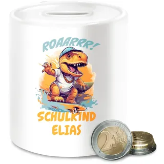 Spardose - Schulanfang & Einschulung Bedruckt - Schulkind Dino Dinosaurier Skateboard - Unisize - Weiß - personalisierte Geschenke schulanfänger Schule endlich spardosen 2023 schulkinder