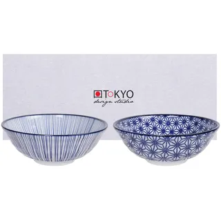 teeblume Tokyo Design Studio Nippon Blue 2-er Schalen-Set blau-weiß, Ø 21 cm, ca. 1000 ml, asiatisches Porzellan, Japanisches Design mit blauen Mustern, inkl. Geschenk-Verpackung