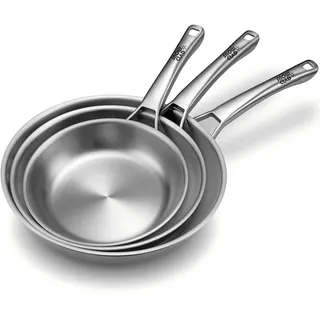 SNOWCLAD Edelstahlpfanne Set 3-teilig, 20&24&28CM, Edelstahlpfanne unbeschichtet, Pfanne Induktion, Universalpfanne, Alle Herdarten Geeignet, Ofen- und Spülmaschinenfest