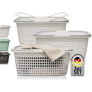 Hausfelder Wäschekorb Wäschewanne 58x37x25cm (Weiß, 3 Körbe, 35 l) (Set, 3 St., 3 x Wäschekörbe), mit klappbaren Henkeln, mit Griffen, 35 Liter weiß