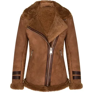 Infinity Leather Braune Lammfell Motorradfahrer Merino Shearling Aviator Lederjacke für Damen - XS