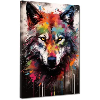 Wolf Pop Art abstrakt splatter Kunstdruck XL Leinwandbild Wandbild Wanddeko Größe 90x120x4cm