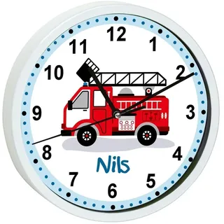 CreaDesign, Wanduhr Kinder personalisiert mit Name, Motiv Feuerwehr Drehleiter, Rahmen Wanduhr weiß, Ø 19,5 cm
