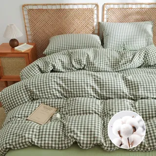 AShanlan Bettwäsche 155x220 Baumwolle Grün Kariert Bettwäsche-Sets 155 x 220 cm Bettbezug mit Kissenbezug 80x80 cm ÖKO-TEX Leinenoptik Gewaschene Baumwolle Bettwäsche mit Reißverschluss