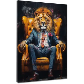 Löwe im Anzug sitzend Tier Leinwandbild Wandbild Deko Kunst XL Größe 75x100x4cm