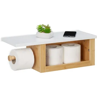 Relaxdays Toilettenpapierhalter mit Ablage, Klopapierhalter Bambus, offenes Fach, HBT: 17x50x18 cm, Wand, Natur/weiß