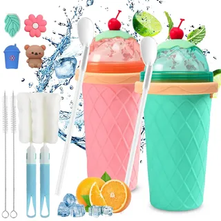 Slush Becher,2 Pcs 330ml Slushie Maker Becher,Slush Becher maker Silikon Squeeze Cup,DIY Slushy Maker Cup Gefrorene Maker Smoothie Becher Sommer-Slush Cup mit Strohhalmlöffel