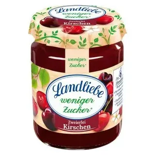 Landliebe Fruchtaufstrich weniger Zucker, Zweierlei Kirschen, vegan, 55% Fruchtgehalt, im Glas, 180 g
