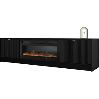Mirjan24 TV Schrank Tireno EF mit Elektrischem Kamin mit Heizung, Realistische LED-Flamme, 2 Klappe, gefräster Front, Fernsehschrank, TV Lowboard Fernsehtisch (Schwarz Molet)
