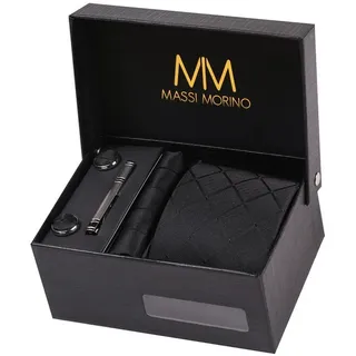 MASSI MORINO Krawatte mit Einstecktuch Set Herren inkl. Manschettenknöpfe, Krawattennadel und Geschenkbox - Männer Krawattenset zur Hochzeit - Einheitsgröße