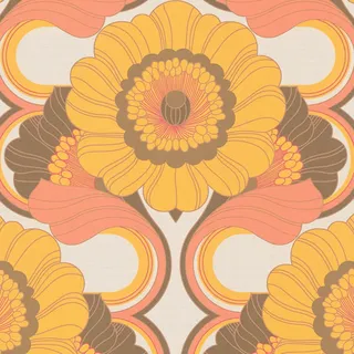 Retro Tapete Profhome 395304 Heißgeprägte Vliestapete Leicht Strukturiert Mit Blumen-muster Matt Orange Braun-rot Honig-gelb Creme-weiß 4,5 M2